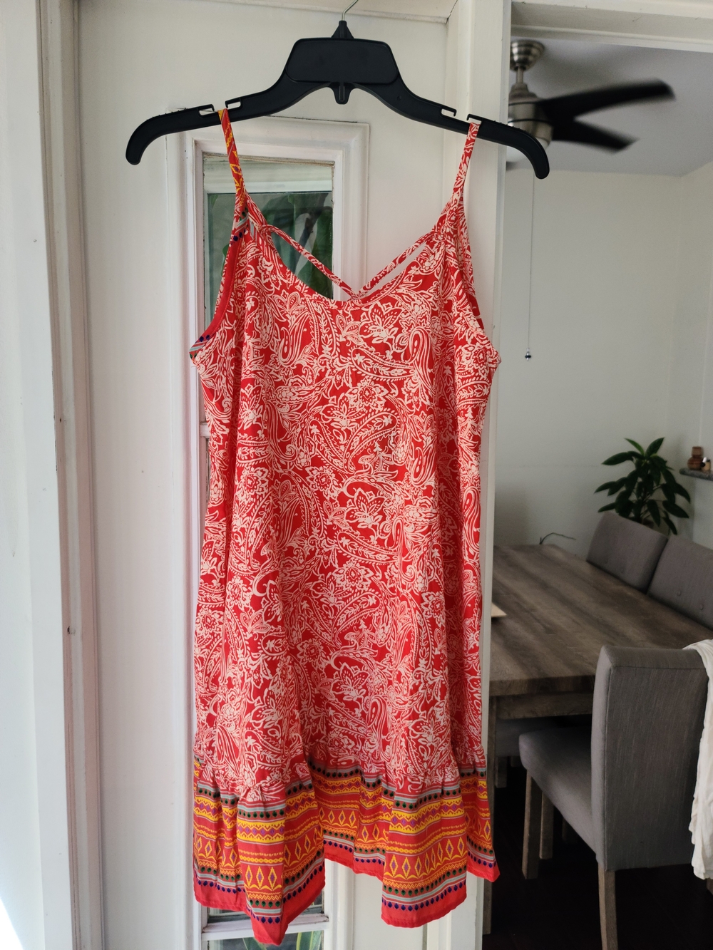 Sleeveless Red Paisley Mini Dress with Decorative Hem